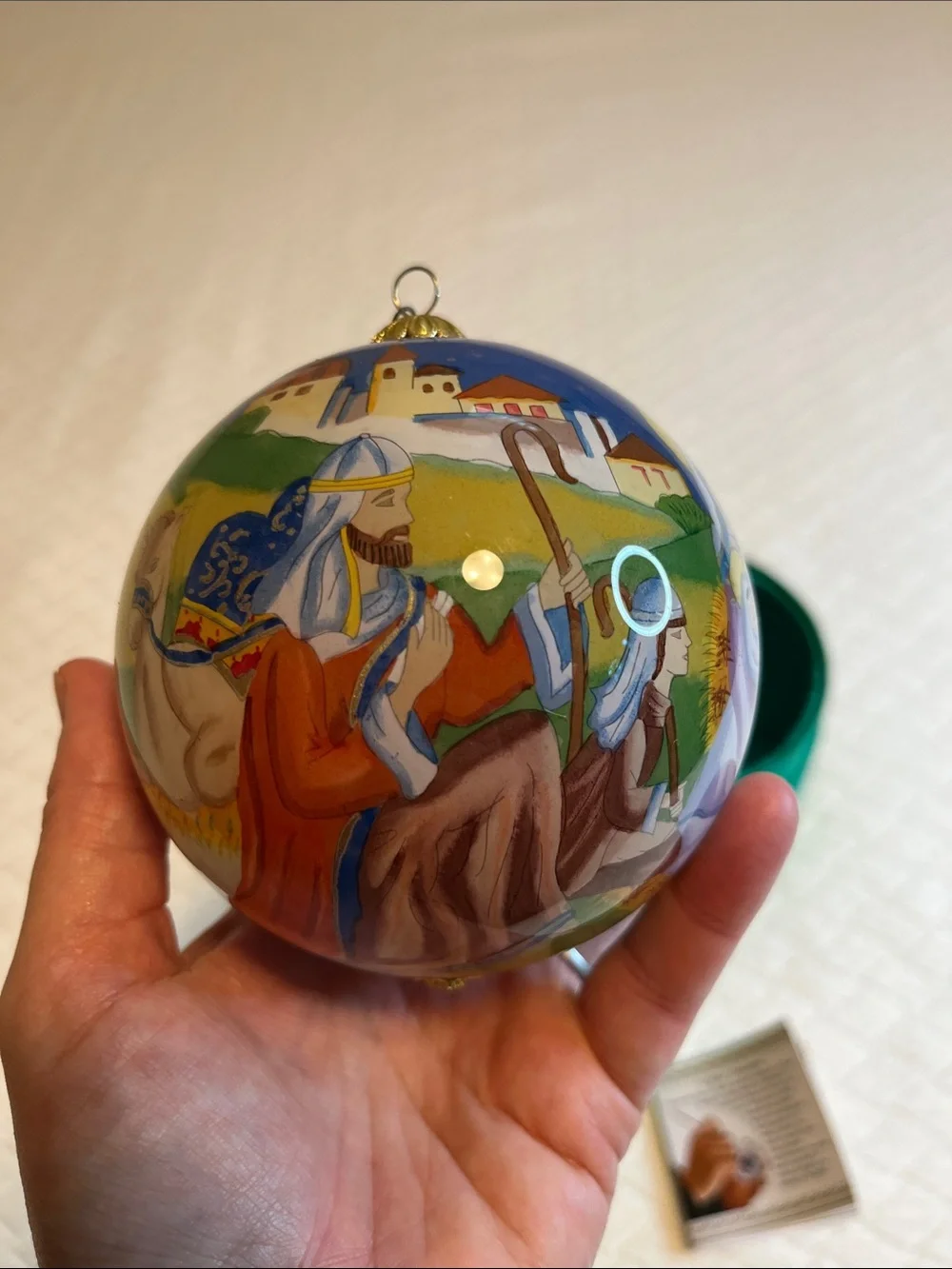 Hand-Painted Li Bien Nativity Christmas Ornament with Green Satin Box
